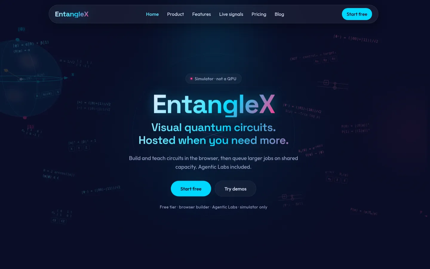 The EntangleX product home screen, a QuantumX-built hosted circuit platform.